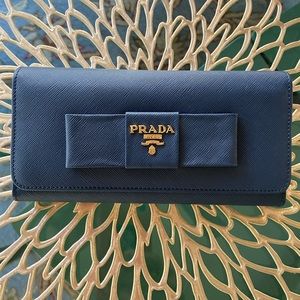 Prada Navy Blue Saffiano Bow Continental Wallet